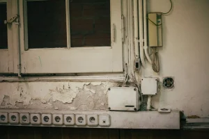 Damaged and outdated electrical wiring with cracked walls in older Atlanta homes needing professional rewiring